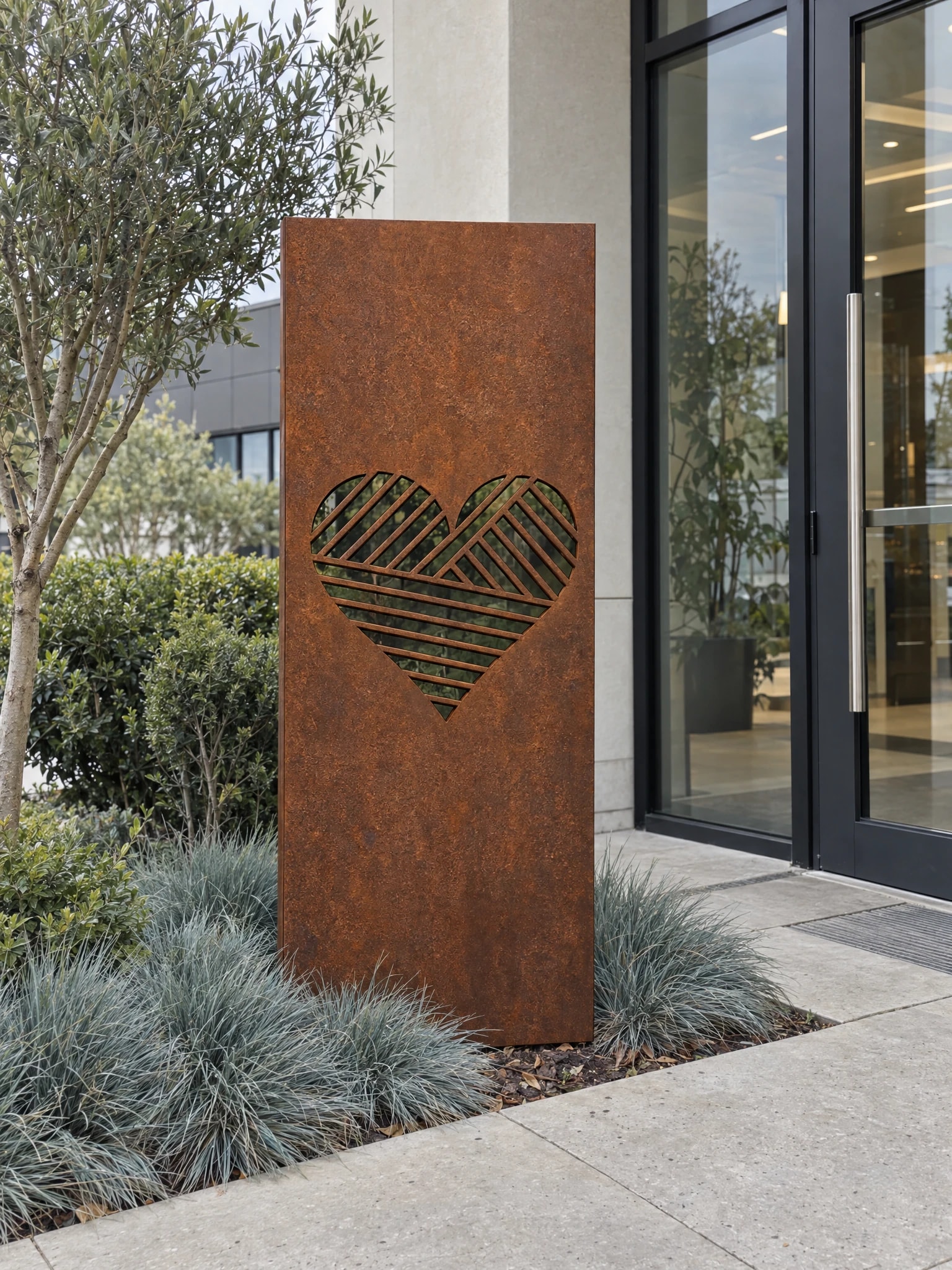 Panneau décoratif Borée en acier Corten devant l'entrée vitrée d'un immeuble de bureaux, fétuques bleues et olivier