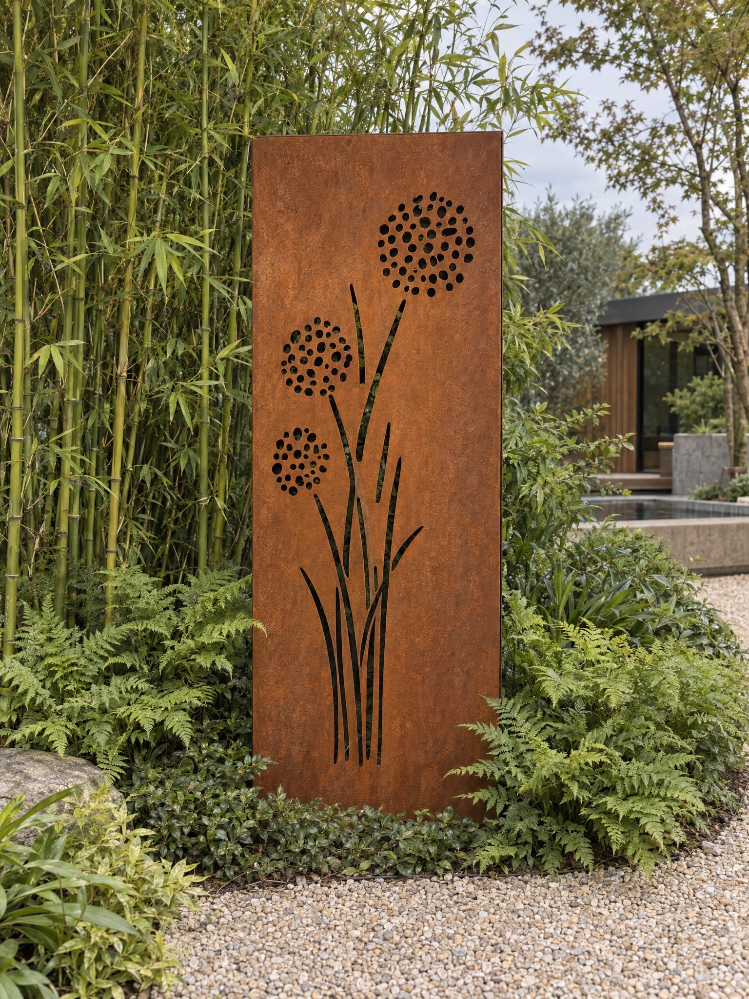 Panneau décoratif Alizé en acier Corten devant des bambous, parmi les fougères d'un jardin en gravier, pavillon au fond