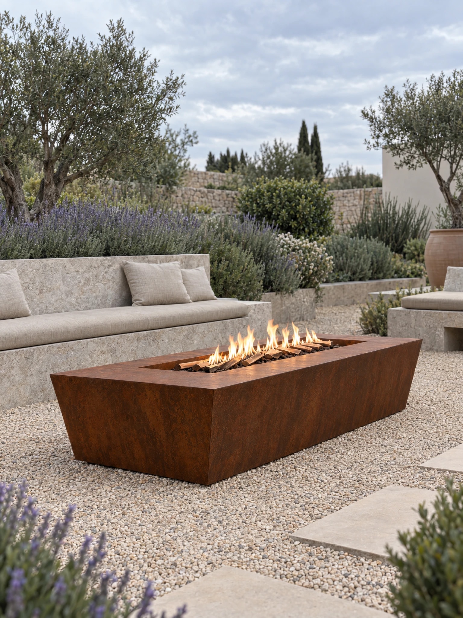 Mesa de fuego Etna de acero Corten encendida en un jardín mediterráneo de grava, entre lavandas y olivos
