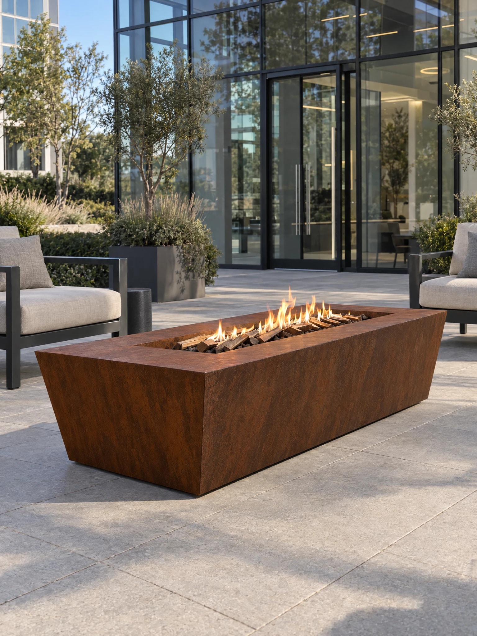 Mesa de fuego Etna de acero Corten encendida en la explanada de un edificio acristalado, entre dos sillones