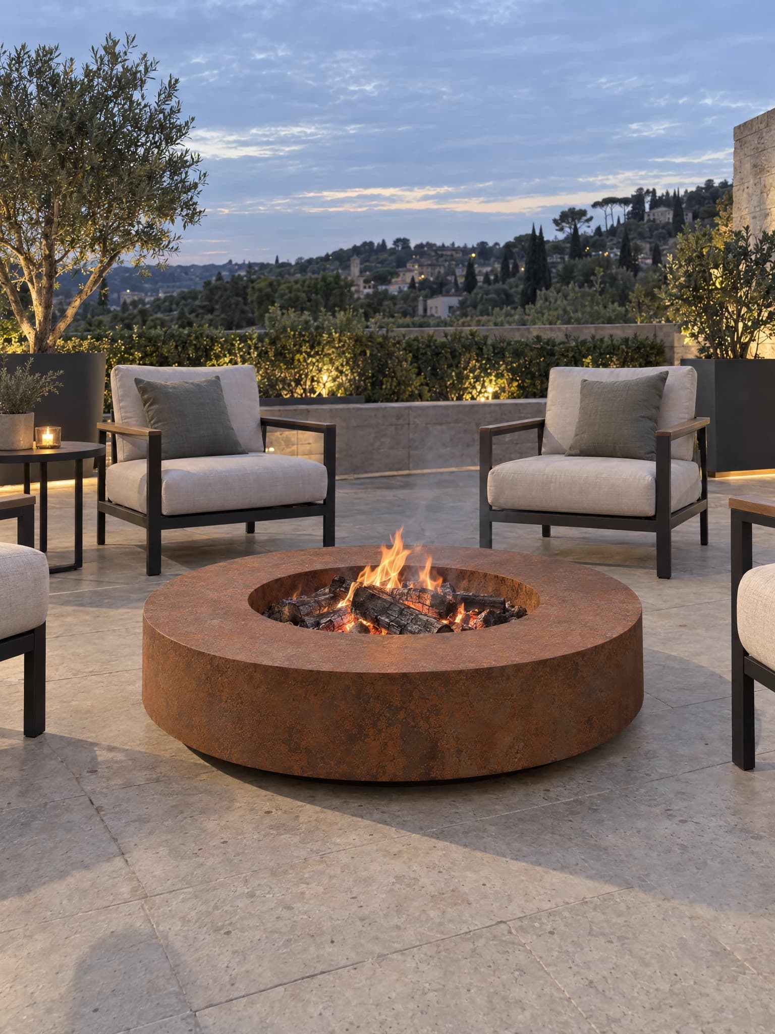 Round Hélios fire table in Corten steel, lit, among armchairs on a stone terrace