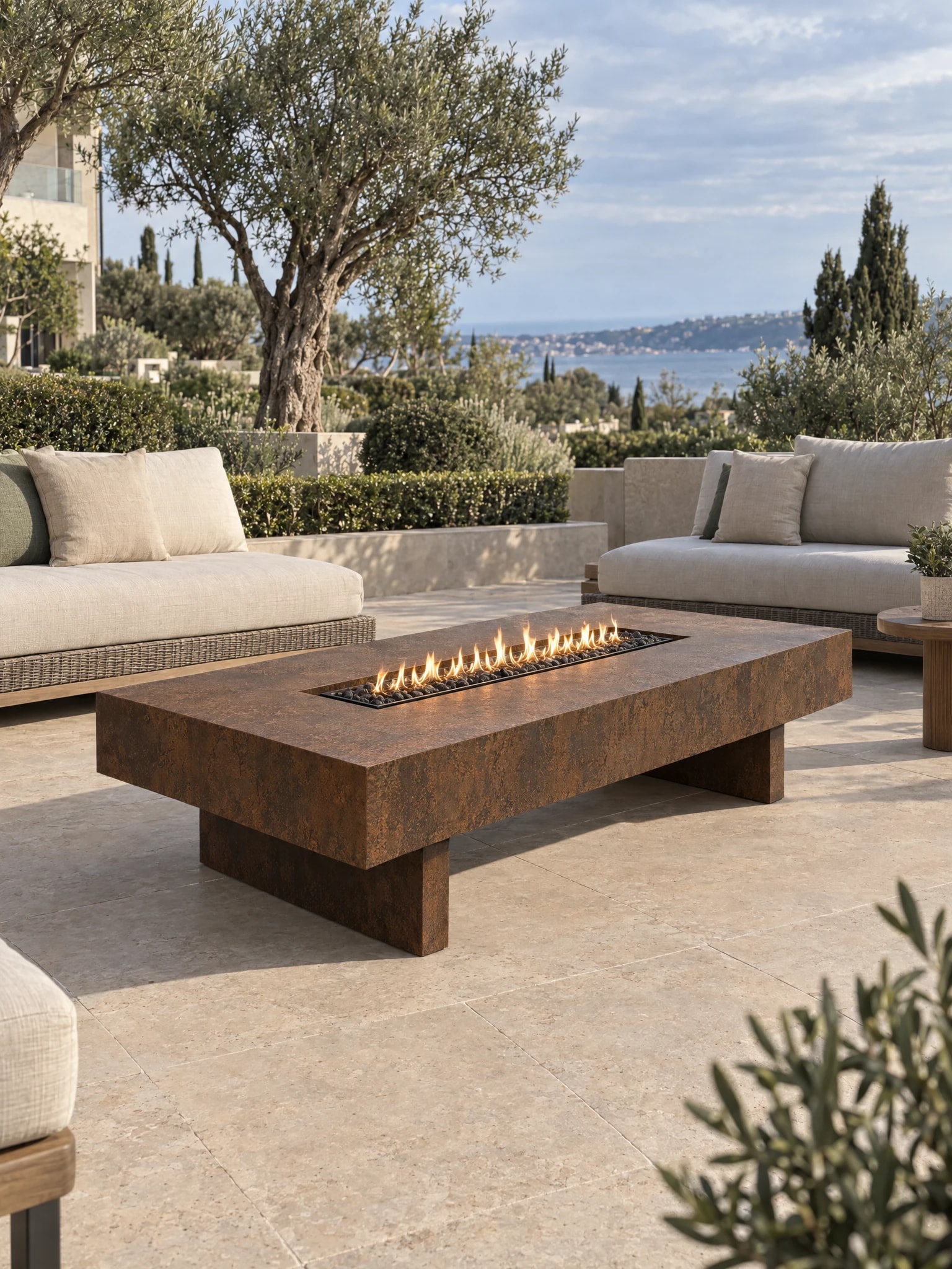 Tavolo con braciere Pyrros in acciaio Corten acceso sulla terrazza di un hotel, tra divani, ulivi e vista sul mare