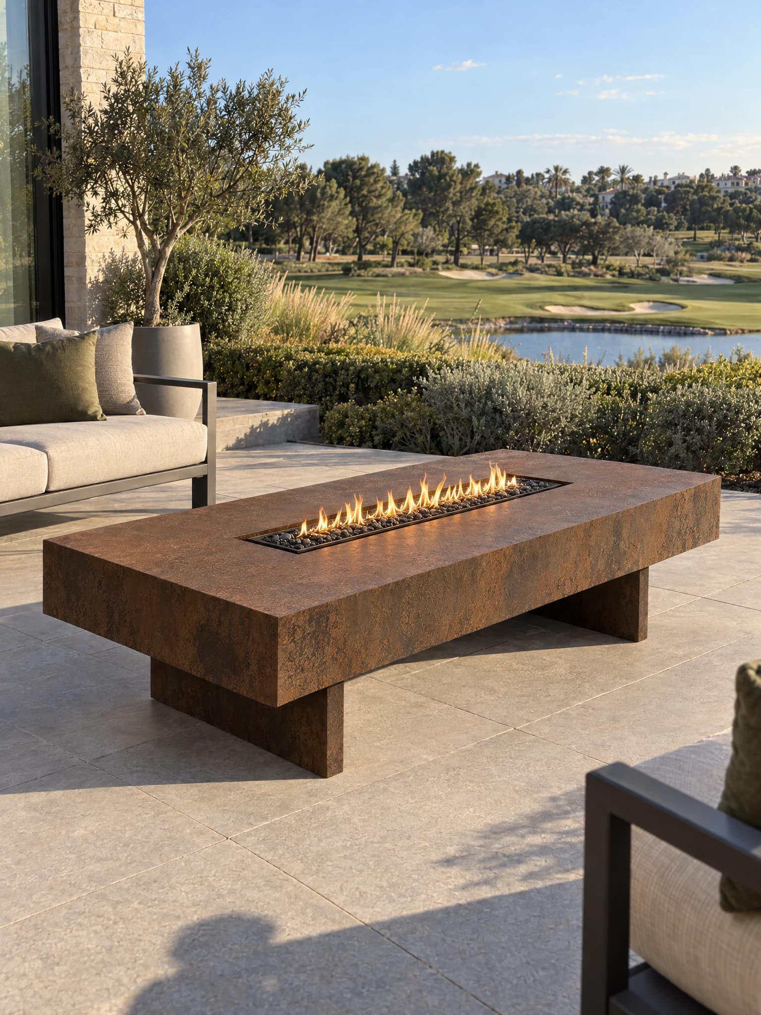 Pyrros fire table in Corten steel, a thick top crossed by a line of bioethanol flames, on a terrace overlooking a golf course
