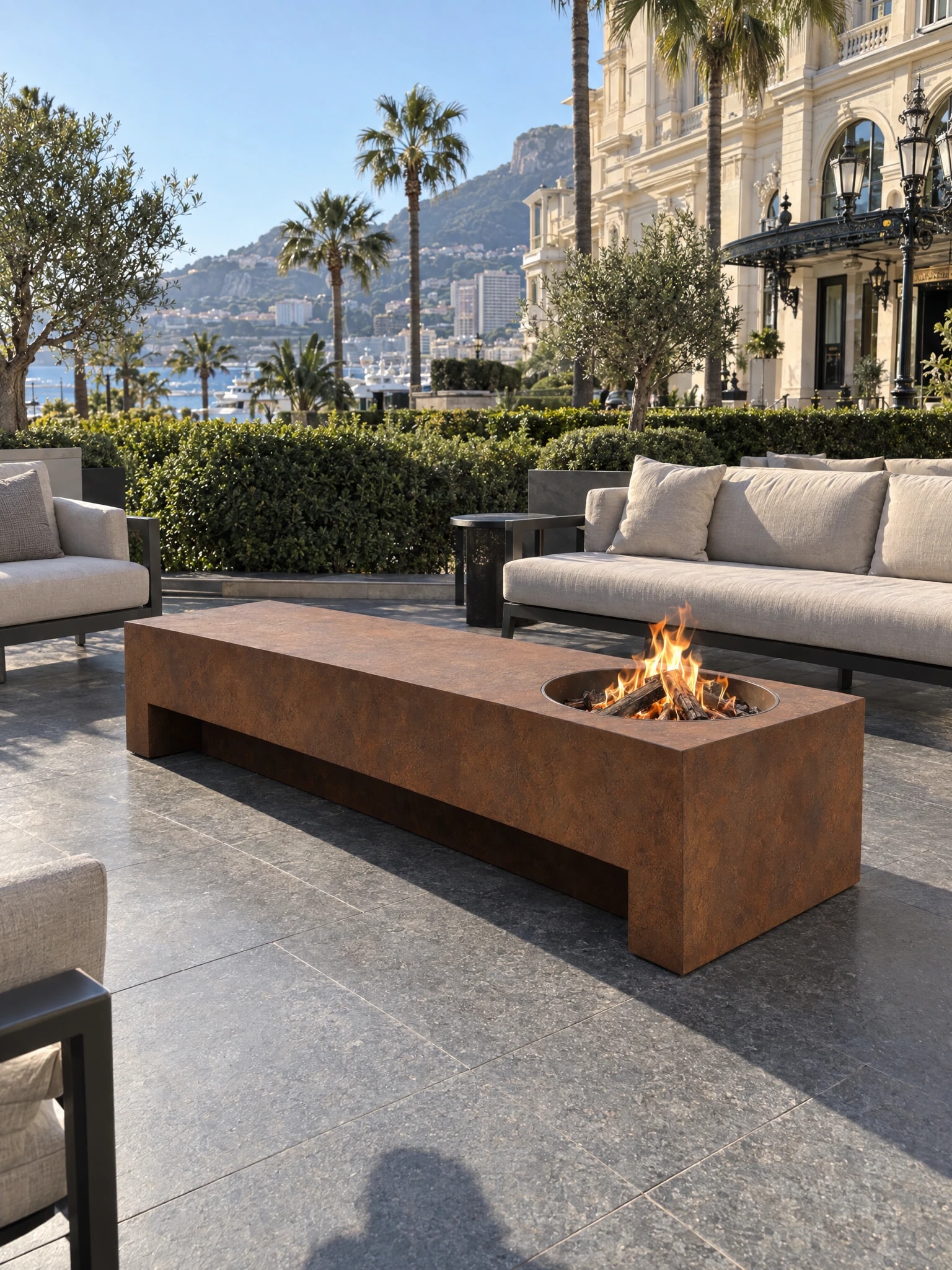 Table de feu Taranis en acier Corten allumée sur une terrasse devant un bâtiment Belle Époque bordé de palmiers