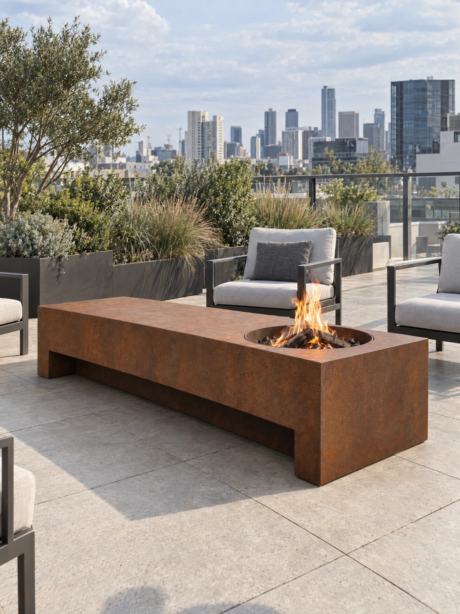 Table de feu Taranis en acier Corten allumée sur un toit-terrasse entouré de fauteuils, tours de bureaux en fond