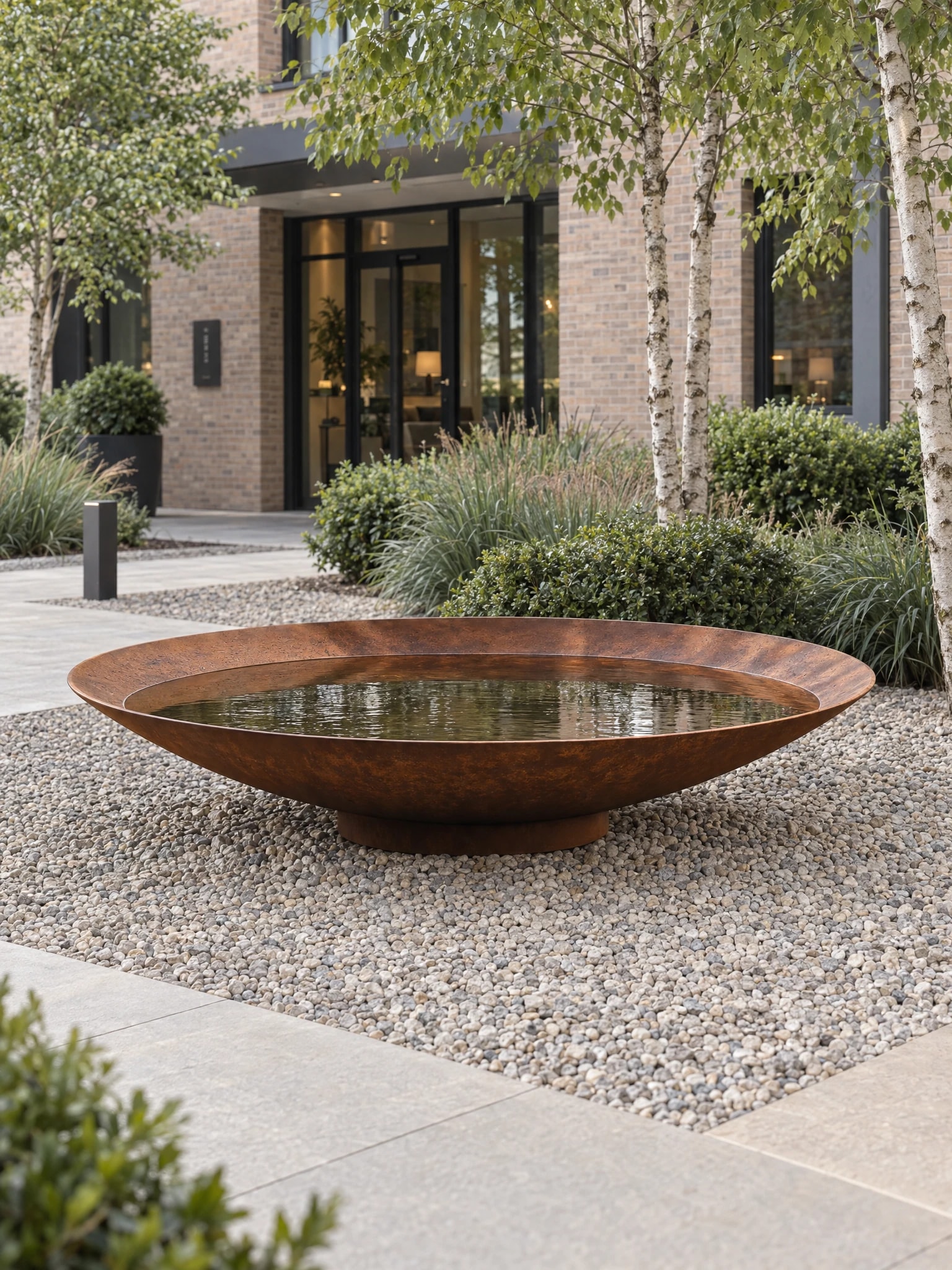Vasque d'eau Sélène en acier Corten sur un lit de gravier entre des bouleaux, devant l'entrée d'un bâtiment en briques