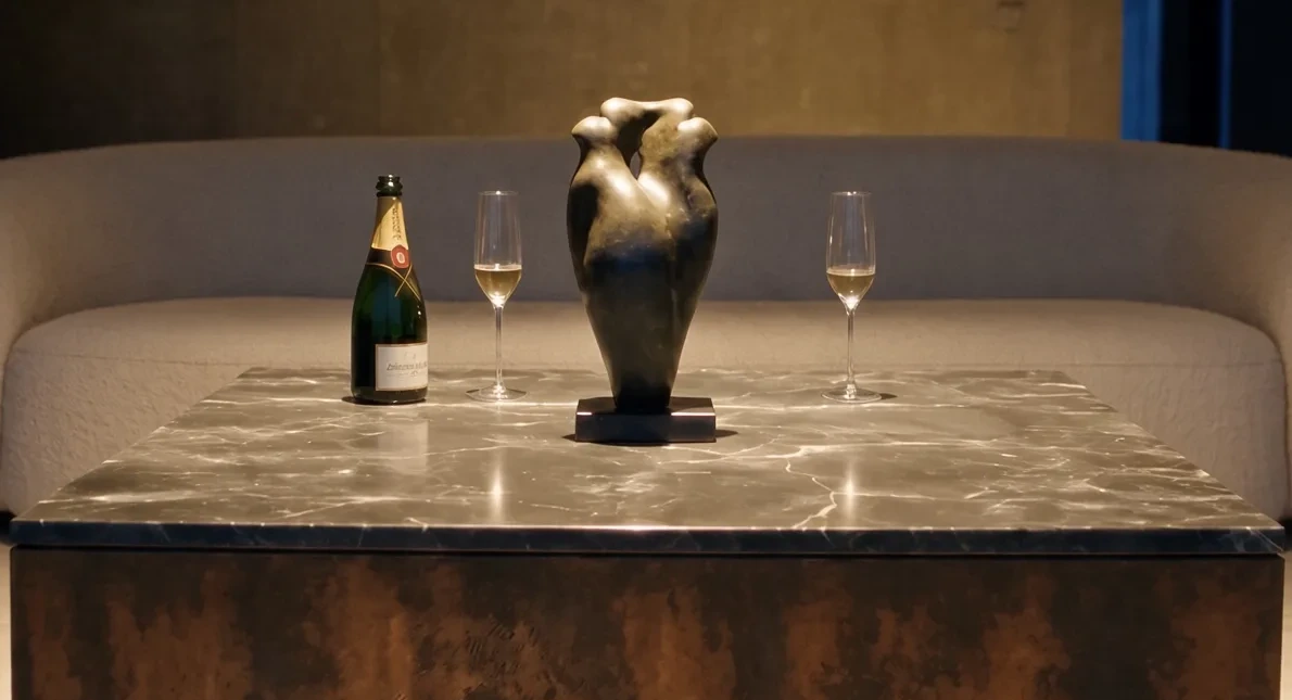 Dorian coffee table in Corten steel, front view, before a curved ecru sofa, with champagne, glasses and a vase