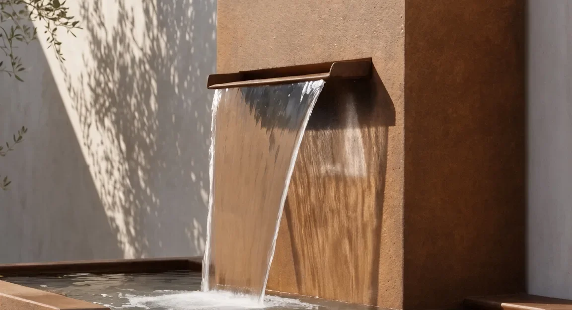 Nereida · Fontaine cascade à deux niveaux en acier Corten, mise en situation