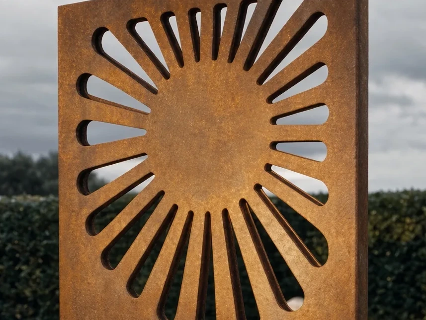 Soleils ajourés de deux panneaux décoratifs Éole en acier Corten, vue en contre-plongée sous un ciel nuageux